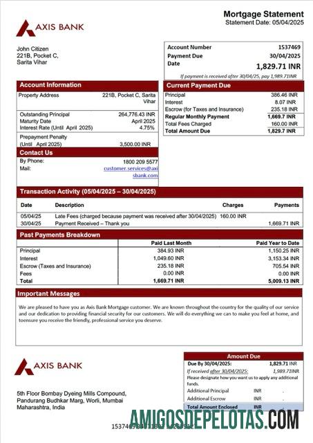 em branco Modelo Word e PDF de extrato de hipoteca do India Axis Bank